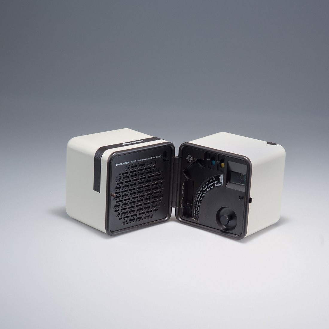 Marco Zanuso; Richard Sapper. 'TS 505 a' folding radio,: Marco Zanuso; Richard Sapper. 'TS 505 a' folding radio, 1977. H. 13 x 22-26 x 11 cm. Made by Brionvega, Milan. Plastic, creme-white and brown. Marked: BRIONVEGA TS 505, BRIONVEGA PATENTED MODEL MADE I