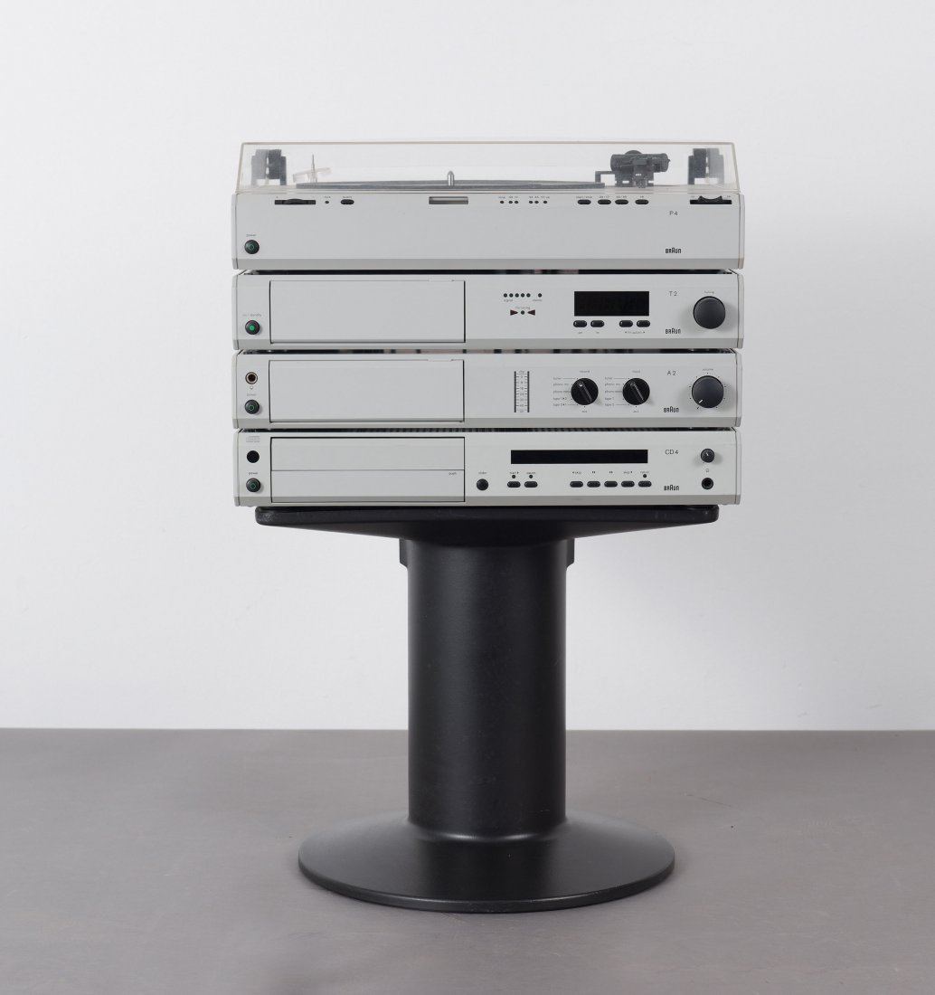 Dieter Rams; Peter Hartwein. 'Atelier last edition': Dieter Rams; Peter Hartwein. 'Atelier last edition' HiFi system, 1984-89. Five pieces: 'P4' record player, 'CD2 3' CD player, 'R2' receiver, 'A2' amplifier on 'AF1' base. H. 7-11.5 x 44.5 x 36 cm (eac