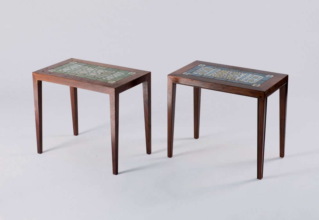 Severin Hansen. Pair of side tables, c1960. H. 50 x: Severin Hansen. Pair of side tables, c1960. H. 50 x 35.5 x 59 cm. Made by Haslev Moebelsnedkeri, Haslev. Rosewood, tiles decorated by Grethe Helland. Marked: Haslev Moebelsnedkeri DK, Haslev (maker's