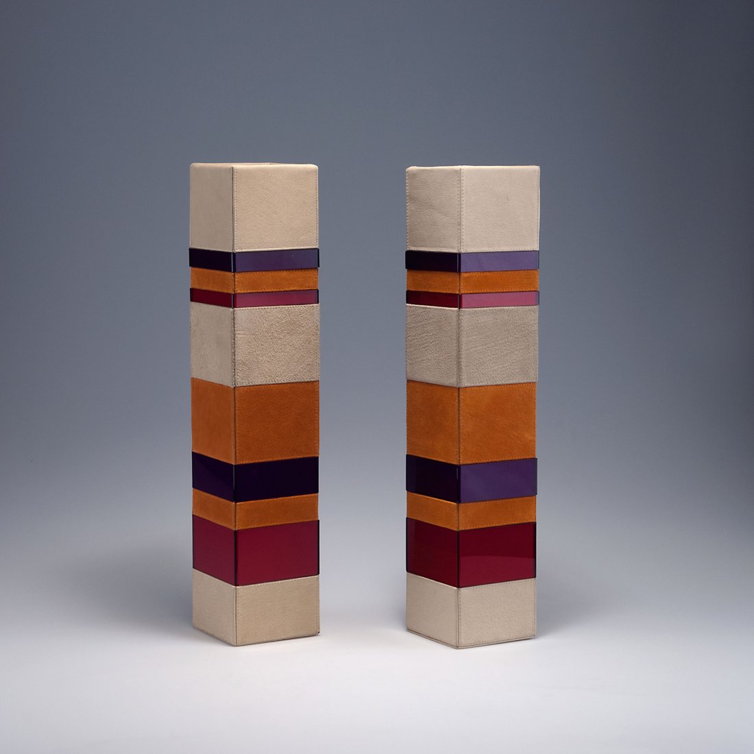 Gilles Caffier. Pair of vases, c2000. H. 50.3 x 10 x 10: Gilles Caffier. Pair of vases, c2000. H. 50.3 x 10 x 10 cm. Suede, plastic. Marked: o2, gilles caffier.