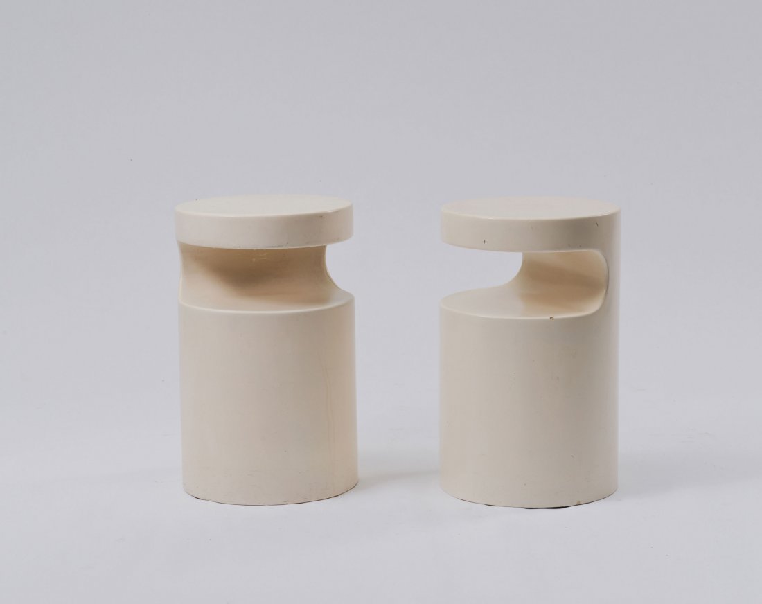 Egon Eiermann. Two telephone / side tables, 1968. H. 50: Egon Eiermann. Two telephone / side tables, 1968. H. 50 cm; D. 31 cm. Made by W. Hertenstein, Freiburg/Breisgau. Polyester reinforced with fiberglass, painted white.