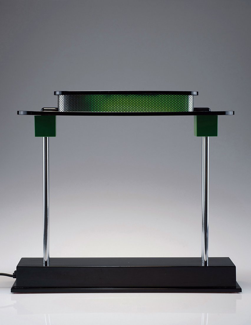 Ettore Sottsass. 'Pausania' table light, 1983. H. 42 x: Ettore Sottsass. 'Pausania' table light, 1983. H. 42 x 48 x 11 cm. Made by Artemide, Milan. Black and green plastic, chrome-plated tubular steel, perforated sheet steel. Marked: Maker's label.