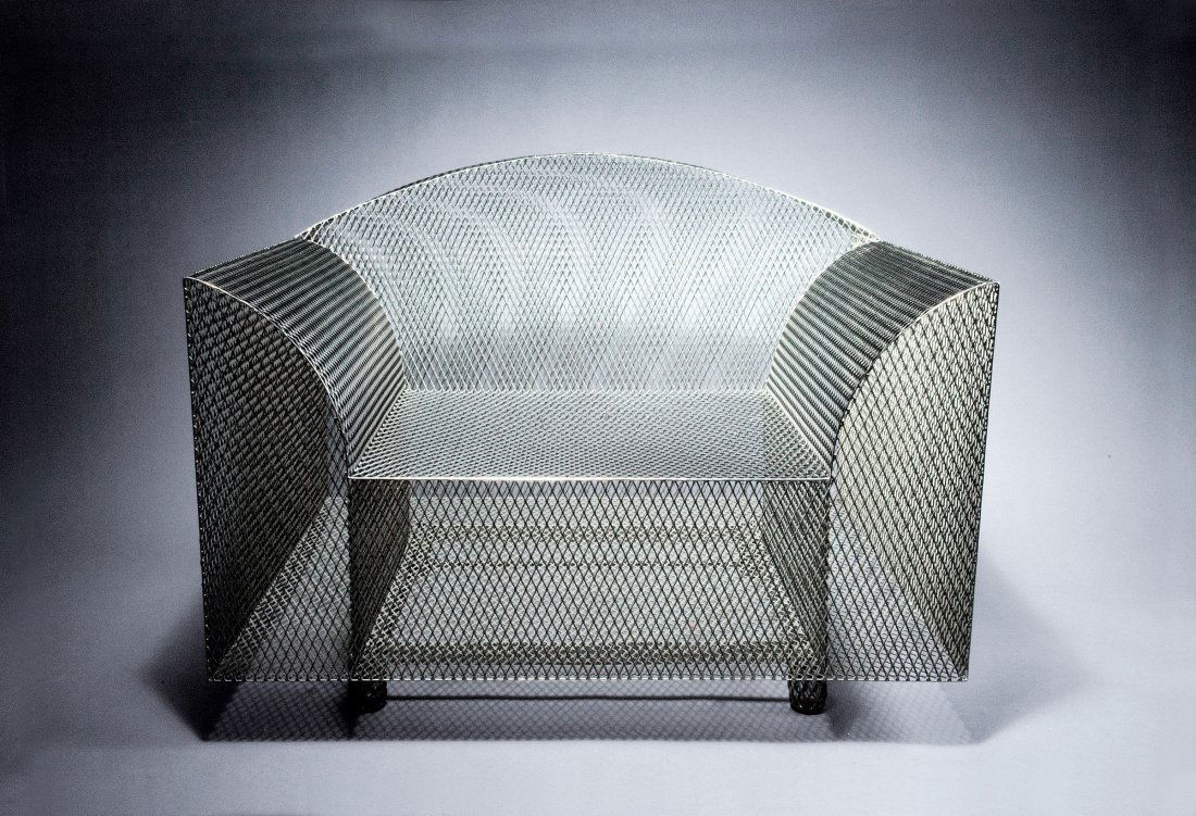 Shiro Kuramata. 'How high the moon' easy chair, 1986.: Shiro Kuramata. 'How high the moon' easy chair, 1986. H. 72.5 x 96 x 81.5 cm. Made by Vitra, Weil. Nickel-plated expanded metal.