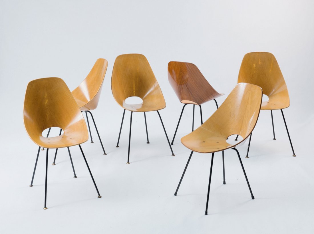 Vittorio Nobili. Six 'Medea' chairs, 1955. H. 84 x 46 x: Vittorio Nobili. Six 'Medea' chairs, 1955. H. 84 x 46 x 58 cm. Made by Tagliabue, Meda/Milan. Plywood, elm veneer, tubular steel, painted black.