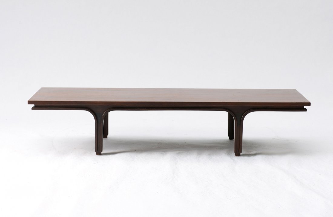 Gianfranco Frattini. '522' bench / coffee table, 1960.: Gianfranco Frattini. '522' bench / coffee table, 1960. H. 28 x 140.5 x 52.5 cm. Made by Bernini, Carate Brianza. Nutwood, nut veneer. Marked: Maker's decal.