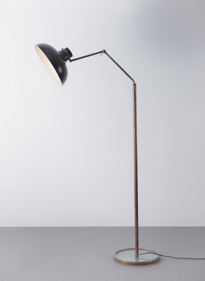 Gio Ponti. 'Parco dei principi Sorrento' floor light,: Gio Ponti. 'Parco dei principi Sorrento' floor light, c1962. H. 173.5 cm; D. 32.5 cm. Made by Fontana Arte, Milan. Glass base, tubular brass, sheet aluminium, painted black.