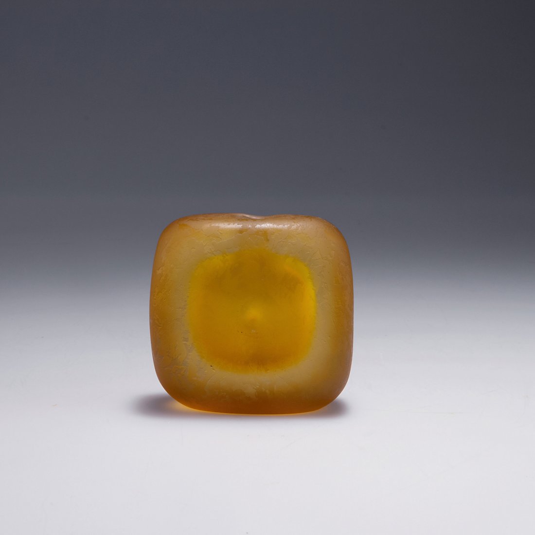 Flavio Poli. 'Corroso' vase, c1960. H. 9.4 cm. Made by: Flavio Poli. 'Corroso' vase, c1960. H. 9.4 cm. Made by Seguso Vetri d'Arte. Cased glass, clear and amber. Etched surface.