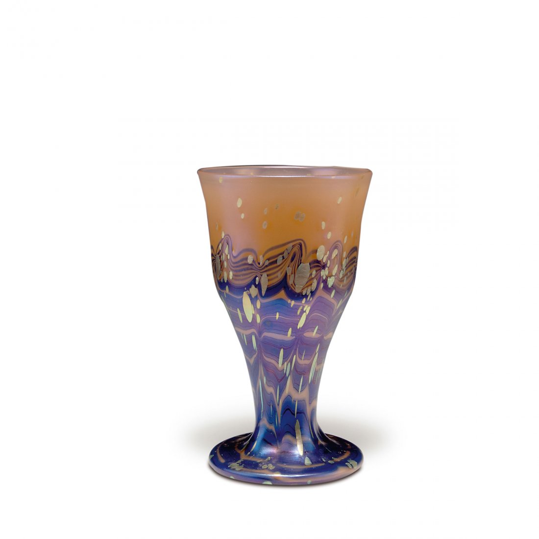 'Cytisus' vase: Loetz, Klostermuehle. 'Cytisus' vase, 1902. H. 25.7 cm. Cased glass, clear and pink, combed blue pattern, 'Cytisus' pattern, silver yellow dots, matt mother of pearl lustre.