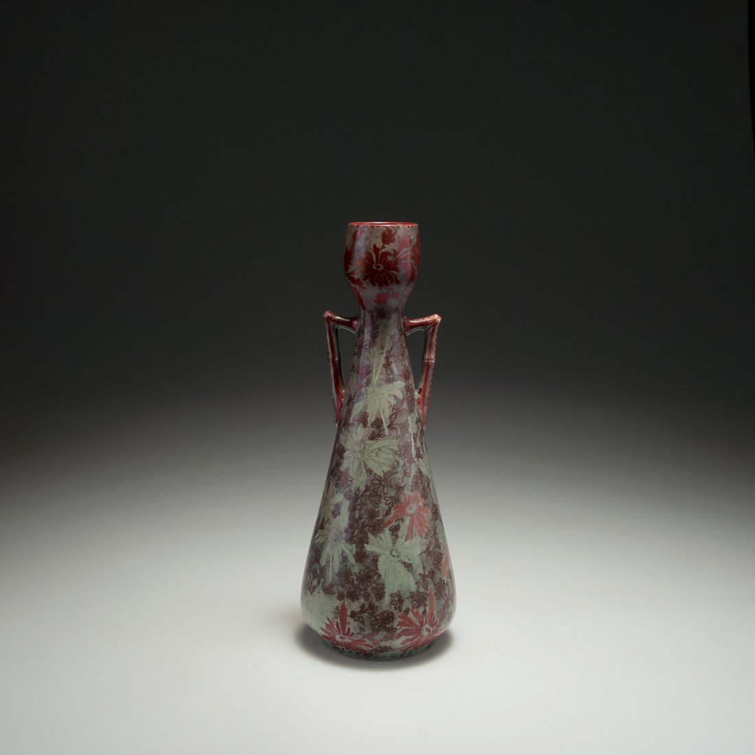Vase with bamboo handles: Ernest Bussieres (attributed). Vase with bamboo handles, c1900. H. 30.5 cm. Made by Keller & Guerin, Luneville. Earthenware, glazed grey/green. Grey and red lustre glaze in the Asian style with gold. 