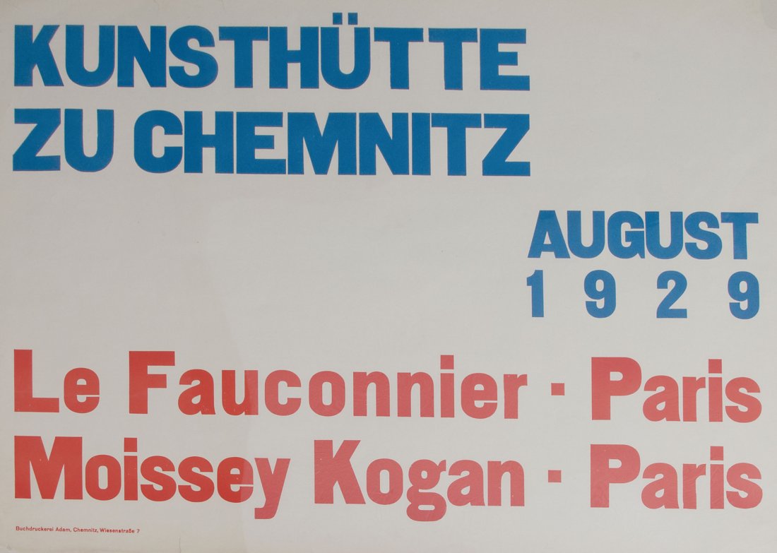 Two posters for exhibitions at Kunsthuette Chemnitz: Jean Hoppe. Two posters for exhibitions at Kunsthuette Chemnitz, 1927/1929. 50.5 x 57.5 cm; 58.5 x 63.9 cm. B/W and colour lithographs on vellum. Printed at Wilhelm Adam, Chemnitz, Wiesenstrasse 7.