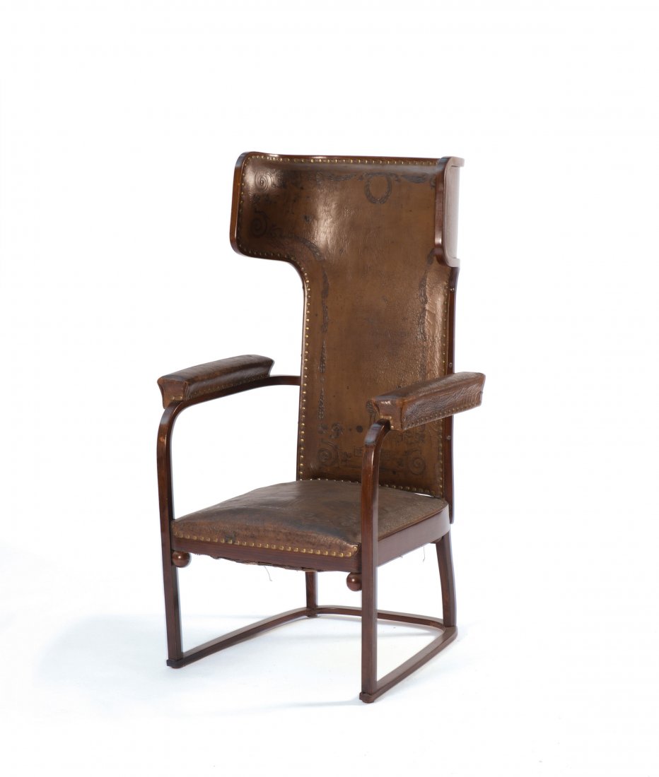 Easy chair: Josef Hoffmann. Easy chair, c1905. H. 124 cm; 69 x 64 cm. Made by Jacob & Josef Kohn, Vienna. Beech bentwood, stained mahogany red. Brown leather upholstery with embossings. Marked with maker's paper