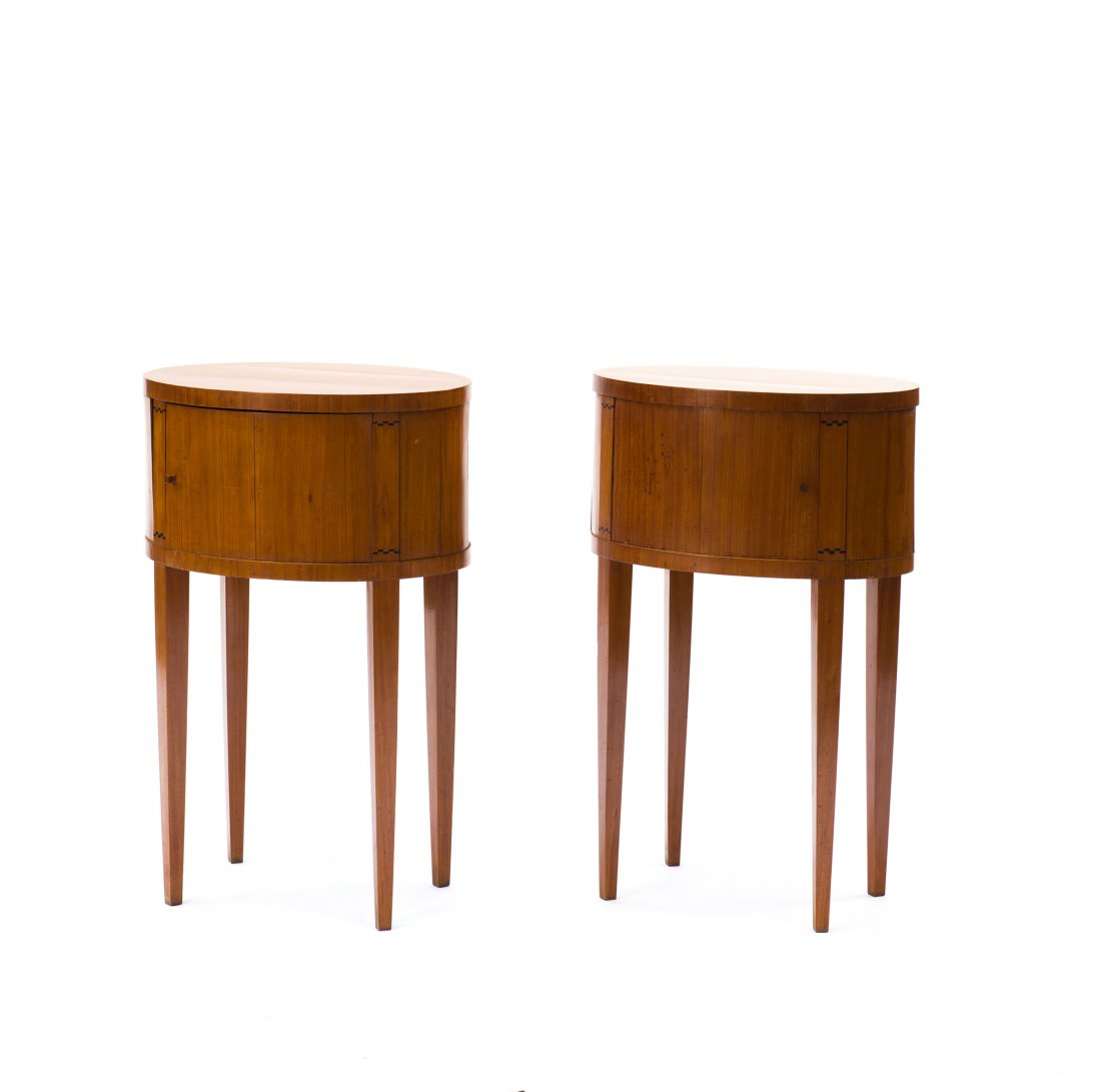 Pair of bed stands: Johan Rohde. Pair of bed stands. H. 76 cm; 51.5 x 39.5 cm. Made by H.P & L. Larsen, Denmark. Wooden construction, satinwood veneer. Marked: Designer's and maker's branding.