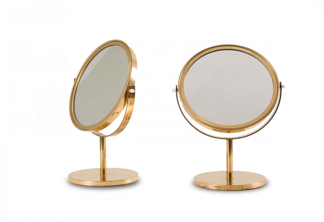 Hans Agne Jakobsson. Pair of table mirrors, 1960s. H.: Hans Agne Jakobsson. Pair of table mirrors, 1960s. H. 136 cm; H. 37 cm; D. 27.5 cm. Made by Hans Agne Jakobsson, Markaryd. Tubular brass, sheet brass, cast iron. Marked: Maker's label with designer's