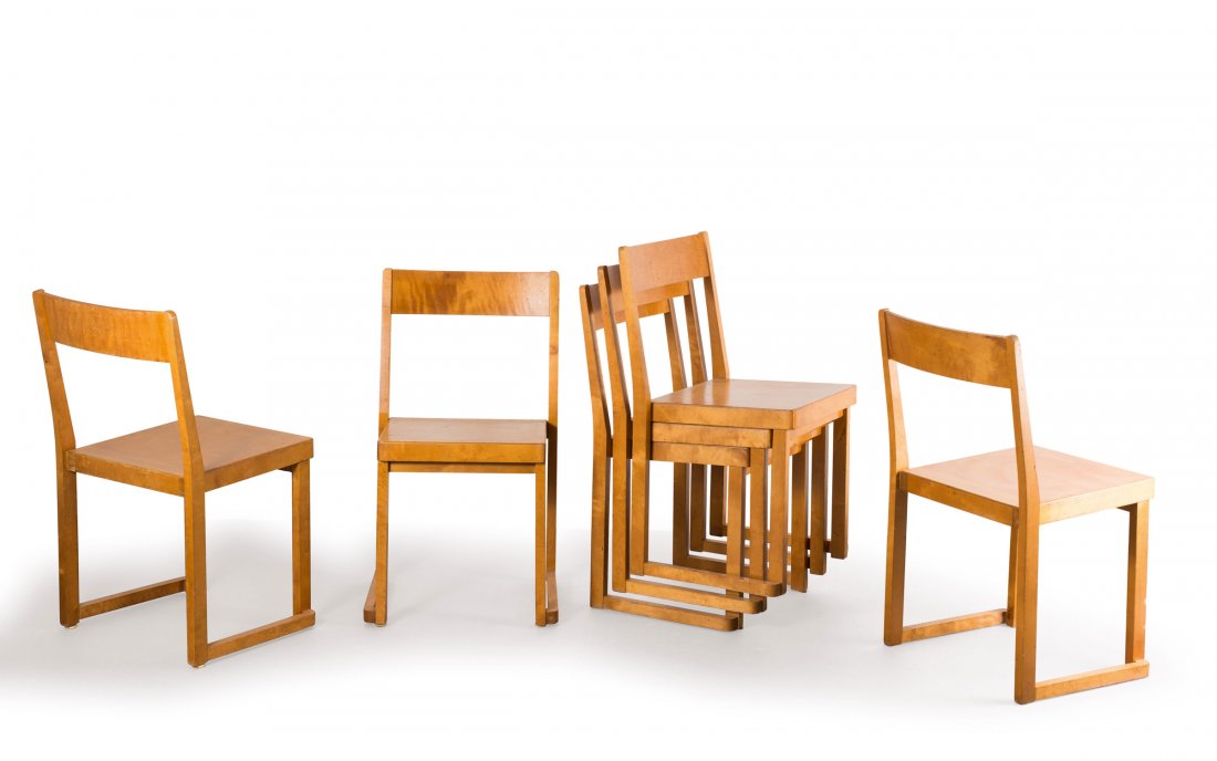 Sven Markelius. Six Stackable chairs, 1932. H. 81 x: Sven Markelius. Six Stackable chairs, 1932. H. 81 x 45,5 x 48 cm. Made by Svenska Mobelfabrikerna, Bodafors. Birchwood and birch plywood. Marked: Remains of maker's labels.