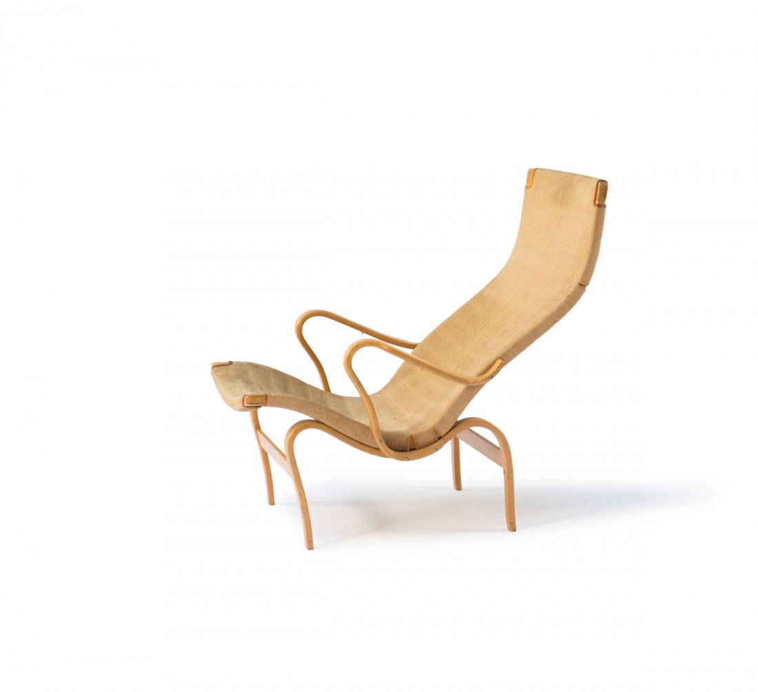 Bruno Mathsson. 'Pernilla' armchair, c1942. H. 91 x: Bruno Mathsson. 'Pernilla' armchair, c1942. H. 91 x 64.5 x 104 cm. Made by Bruno Mathsson International, Varnamo. Birch, birch plywood, linen. Marked: Bruno Mathsson Design Made in Denmark.