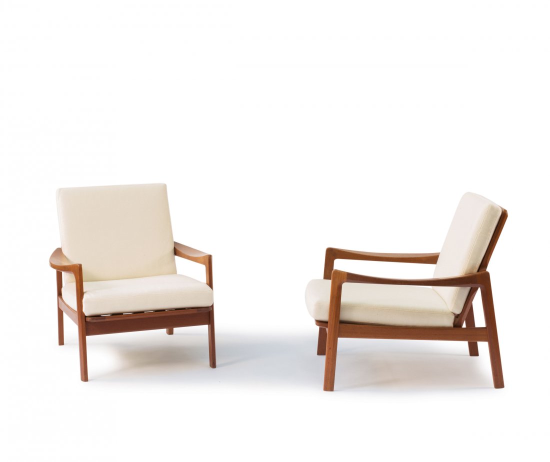 Edvard Kindt-Larsen; Tove Kindt-Larsen. Pair of '1955': Edvard Kindt-Larsen; Tove Kindt-Larsen. Pair of '1955' armchairs, c1955. H. 78 x 74 x 80 cm. Made by Gustav Bahus, Norway. Teak, fabric cover.