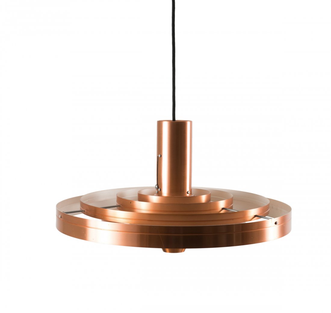 Sophus Frandsen. 'Fibonacci' pendant light, c1963. H.: Sophus Frandsen. 'Fibonacci' pendant light, c1963. H. 23 cm; D. 47 cm. Made by Fog & Morup, Copenhagen. Sheet metal, copper-plated, white inside.