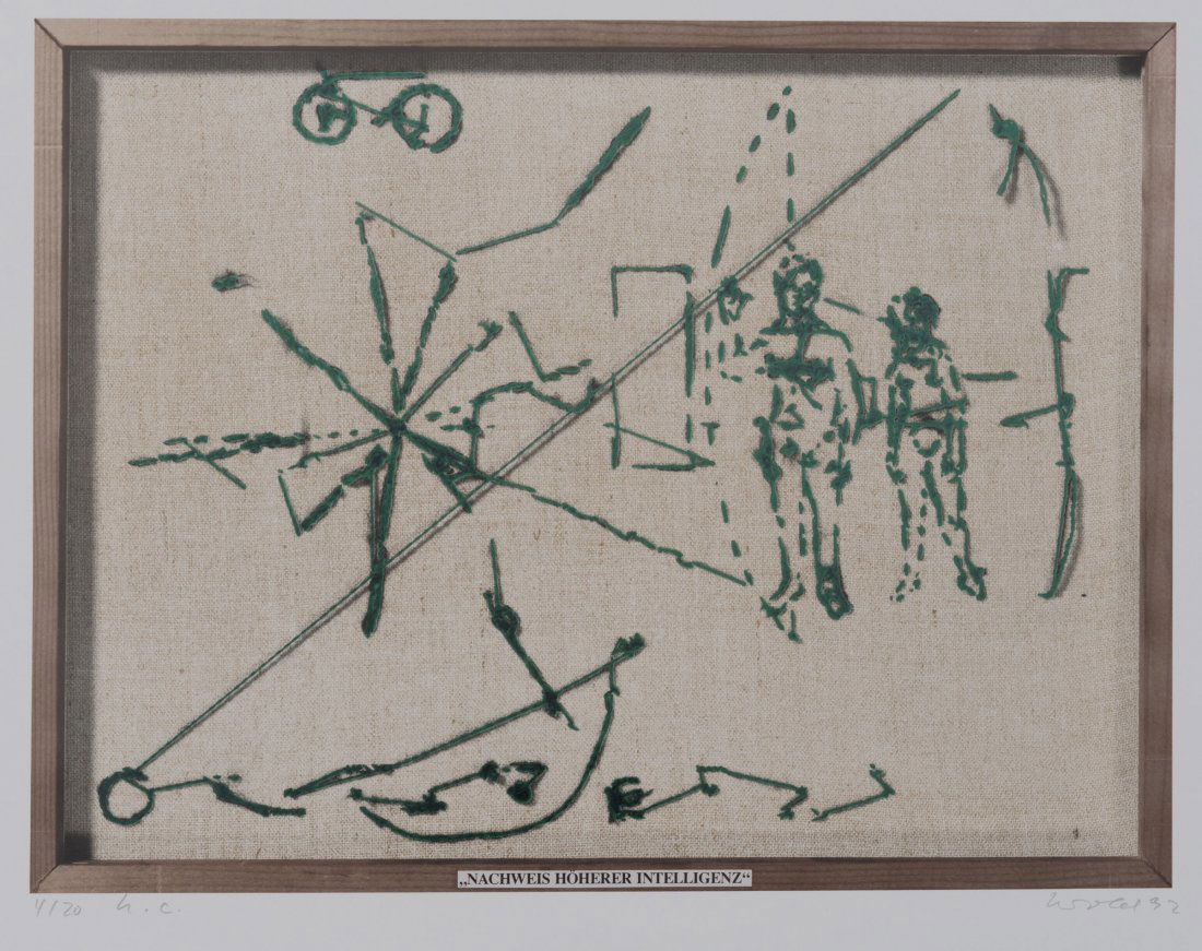 Georg Herold. 4 offset prints from the folder: 'Heiner: Georg Herold. 4 offset prints from the folder: 'Heiner Blum - Guenther Foerg - Georg Herold', 1992. 50.0 x 60.0 cm resp. 60.0 x 50.0 cm (paper). Colour offset prints on cardboard. 'Geld spielt keine R