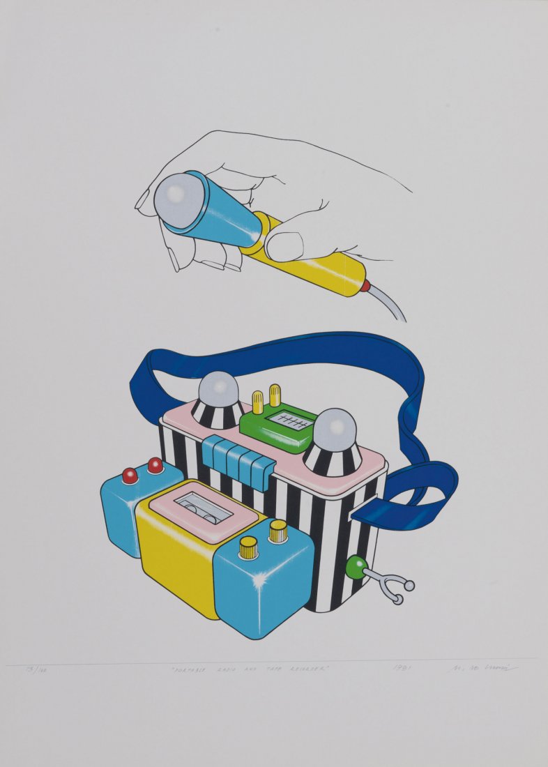 Michele de Lucchi. 2 works: 'Portable Radio and Tape: Michele de Lucchi. 2 works: 'Portable Radio and Tape Recorder'/ 'Television', 1981. 70.0 x 50.0 cm each. Colour serigraphs on laid paper. Signed: M de Lucchi, 1981, titled, numbered. No. 73 from an ed