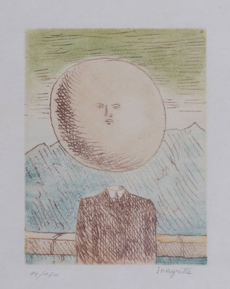 Rene Magritte. 'L'Art de Vivre', 1967/68. 14.0 x 11.0: Rene Magritte. 'L'Art de Vivre', 1967/68. 14.0 x 11.0 cm (depiction), 27.5 x 22.0 cm (paper). Colour etching on Japon Nacre. Signature stamp, studion stamp, numbered. No. 14 from an edition of 150. Pr