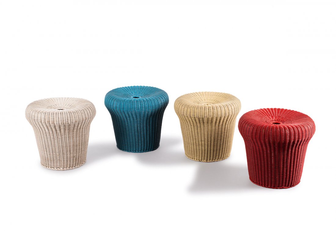 Egon Eiermann. Four 'EH 23' wicker stools, 1957. H.: Egon Eiermann. Four 'EH 23' wicker stools, 1957. H. 38.5 cm; D. 44 cm. Made by Heinrich Murmann, Johannisthal. Wickerwork, painted white, red, blue and yellow.