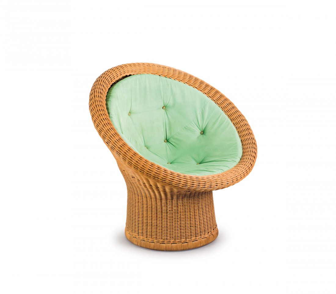Egon Eiermann. 'E 11' wicker chair, 1967/68. H. 84.5 x: Egon Eiermann. 'E 11' wicker chair, 1967/68. H. 84.5 x 86.5 x 83 cm. Made by Heinrich Murmann, Johannisthal. Wickerwork, cushion with green fabric cover.