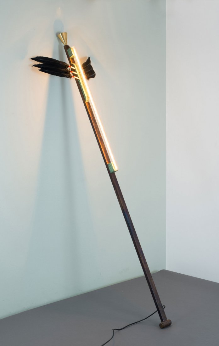 Hans Leinberger. 'Chief' prototype floor light, c1999.: Hans Leinberger. 'Chief' prototype floor light, c1999. H. 204 cm. Made by Design M Ingo Maurer, Munich. Rectangular metal, browned, green patina, brass, flourescent tube.