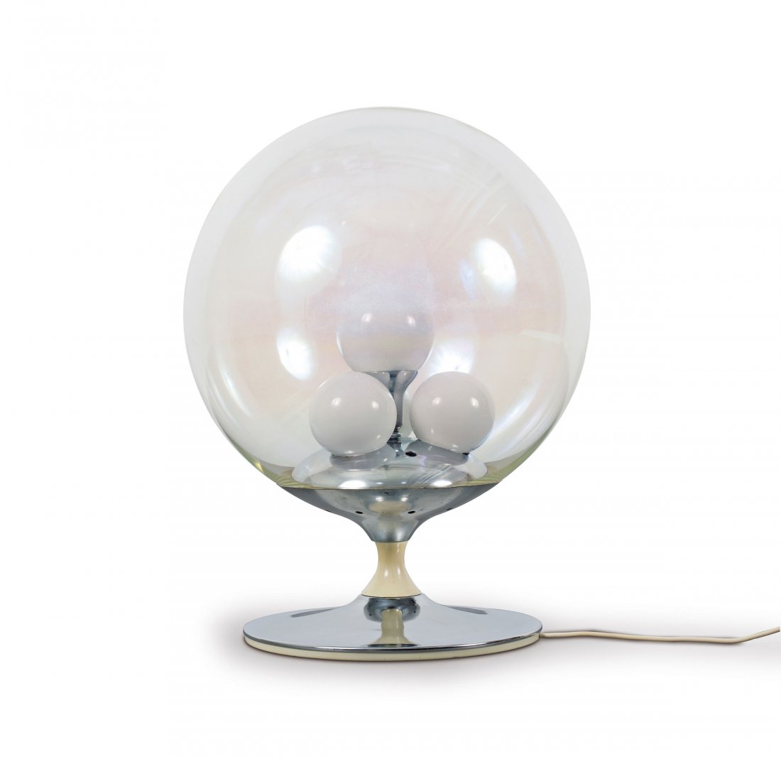 Angelo Brotto. 'Barbarella' table light, c1965. H. 52: Angelo Brotto. 'Barbarella' table light, c1965. H. 52 cm; D. 40 cm. Made by Esperia, Poggibonsi. Chrome-plated sheet metal, shaft ivory white, clear and white glass.