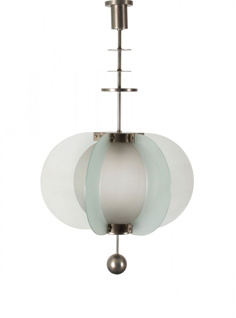 Czech Republic. Ceiling light, 1920/30s. H. 95 cm; D.: Czech Republic. Ceiling light, 1920/30s. H. 95 cm; D. 50 cm. Tubular metal, sheet metal, nickel-plated, matted glass.