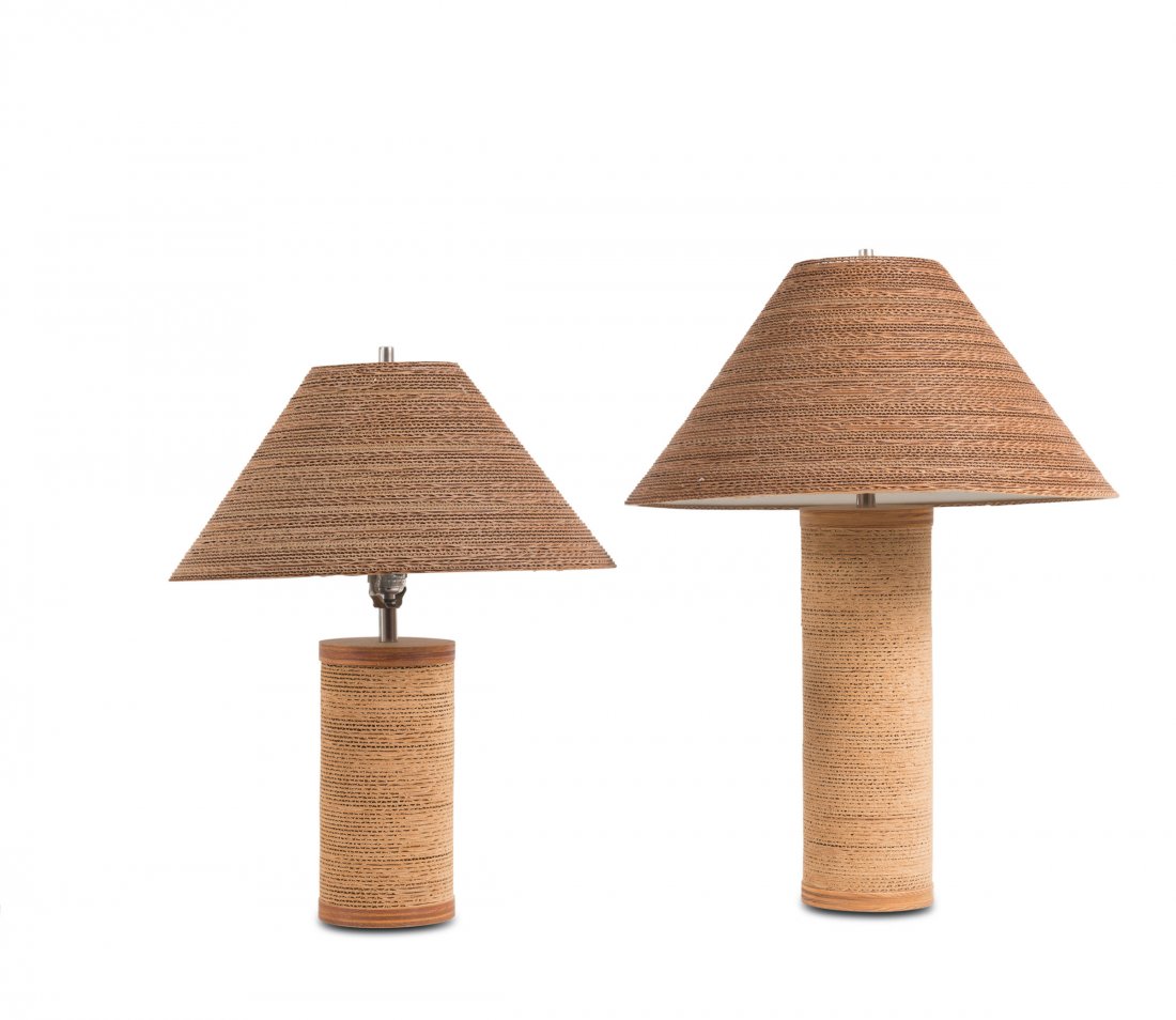 Gregory van Pelt. Two 'Flute lamps', 1977. H. 56 cm; D.: Gregory van Pelt. Two 'Flute lamps', 1977. H. 56 cm; D. 43.5 cm; H. 65 cm; D. 48,5 cm. Made by Raymor, New York. Corrugated cardboard. Marked: Label of Underwriter labs.