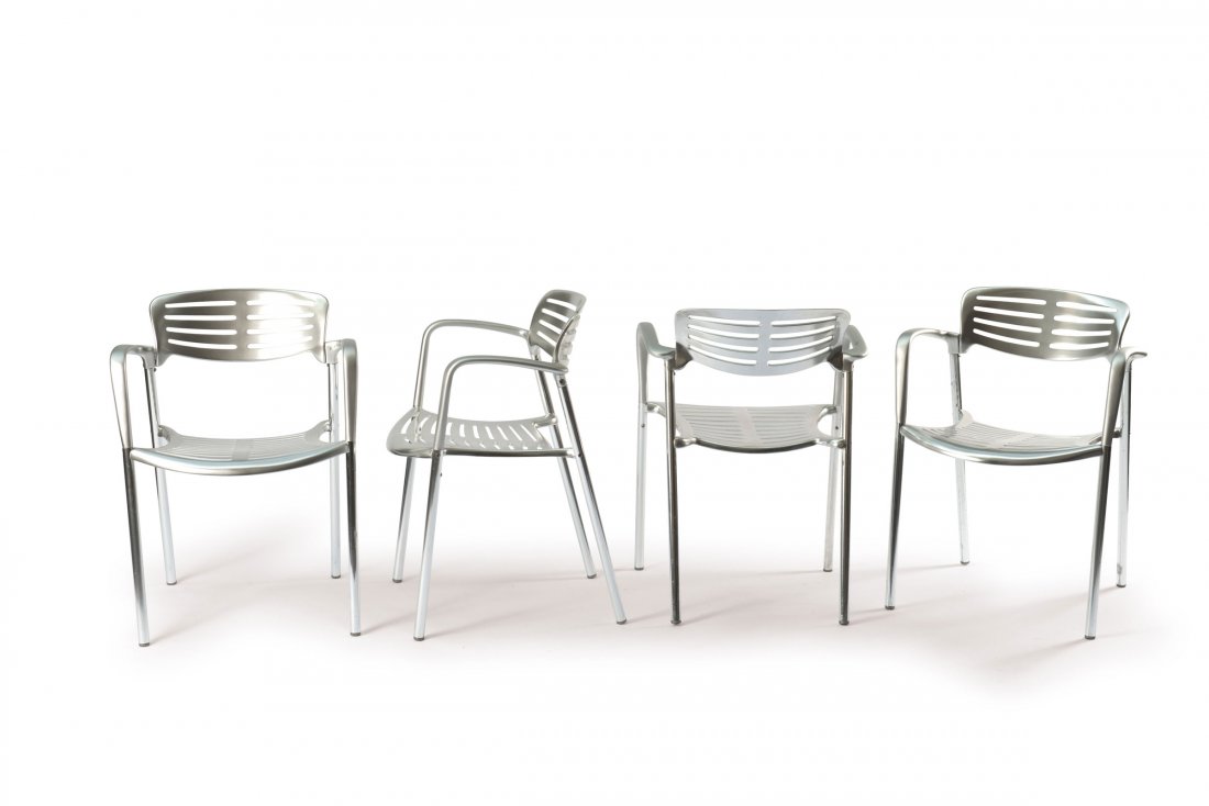 Jorge Pensi. Four 'Toledo' stacking chairs, 1988. H. 77: Jorge Pensi. Four 'Toledo' stacking chairs, 1988. H. 77 x 55.5 x 52 cm. Made by Amat-3, Barcelona. Cast aluminium, tubular aluminium. Marked: Maker's, designer's and product data.