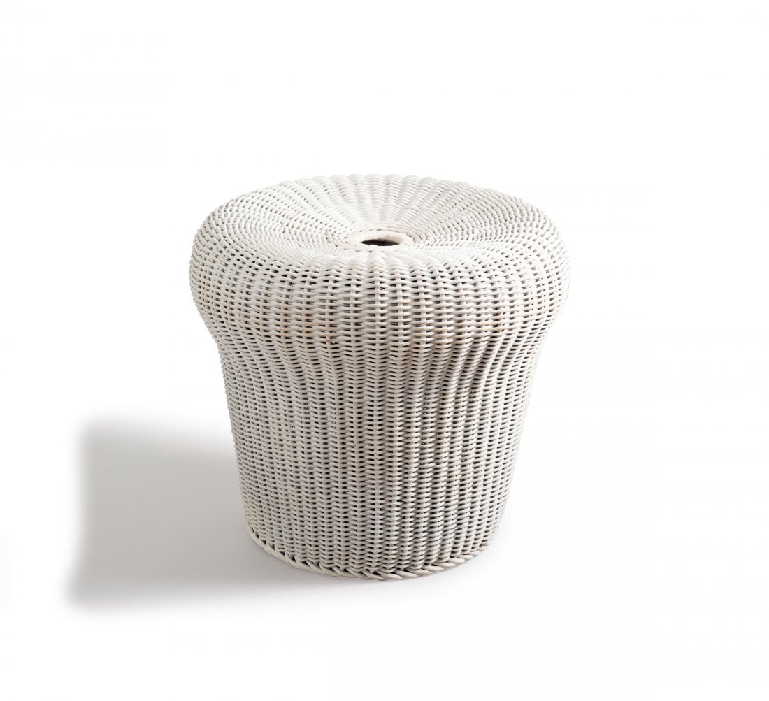 Egon Eiermann. 'EH 23' wicker stool, 1957. H. 39 cm; D.: Egon Eiermann. 'EH 23' wicker stool, 1957. H. 39 cm; D. 44 cm. Made by Heinrich Murmann, Johannisthal. Wickerwork, painted white.