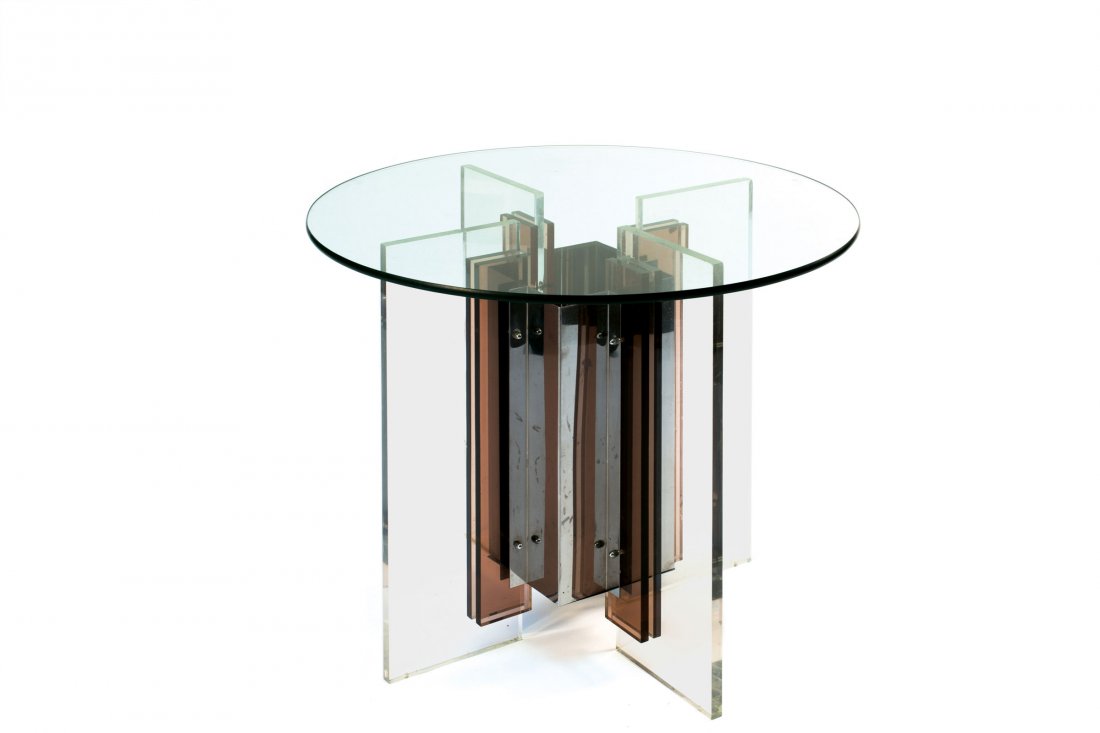 Philippe Jean. Table, c1965. H. 72.5 cm; D. 90 cm. Made: Philippe Jean. Table, c1965. H. 72.5 cm; D. 90 cm. Made for Eric and Xiane Germain, Paris. Perspex, sheet metal, glass top.