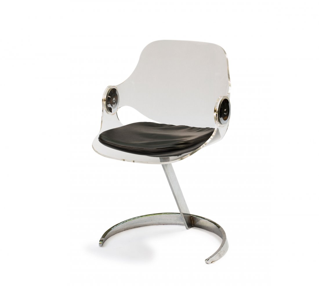 Boris Tabacoff (attributed). Chair, 1970s. H. 81 x 51.5: Boris Tabacoff (attributed). Chair, 1970s. H. 81 x 51.5 x 46 cm. Made by Mobilier Modulaire Moderne, France (attributed). Perspex, chrome-plated sheet steel, black leatherette.