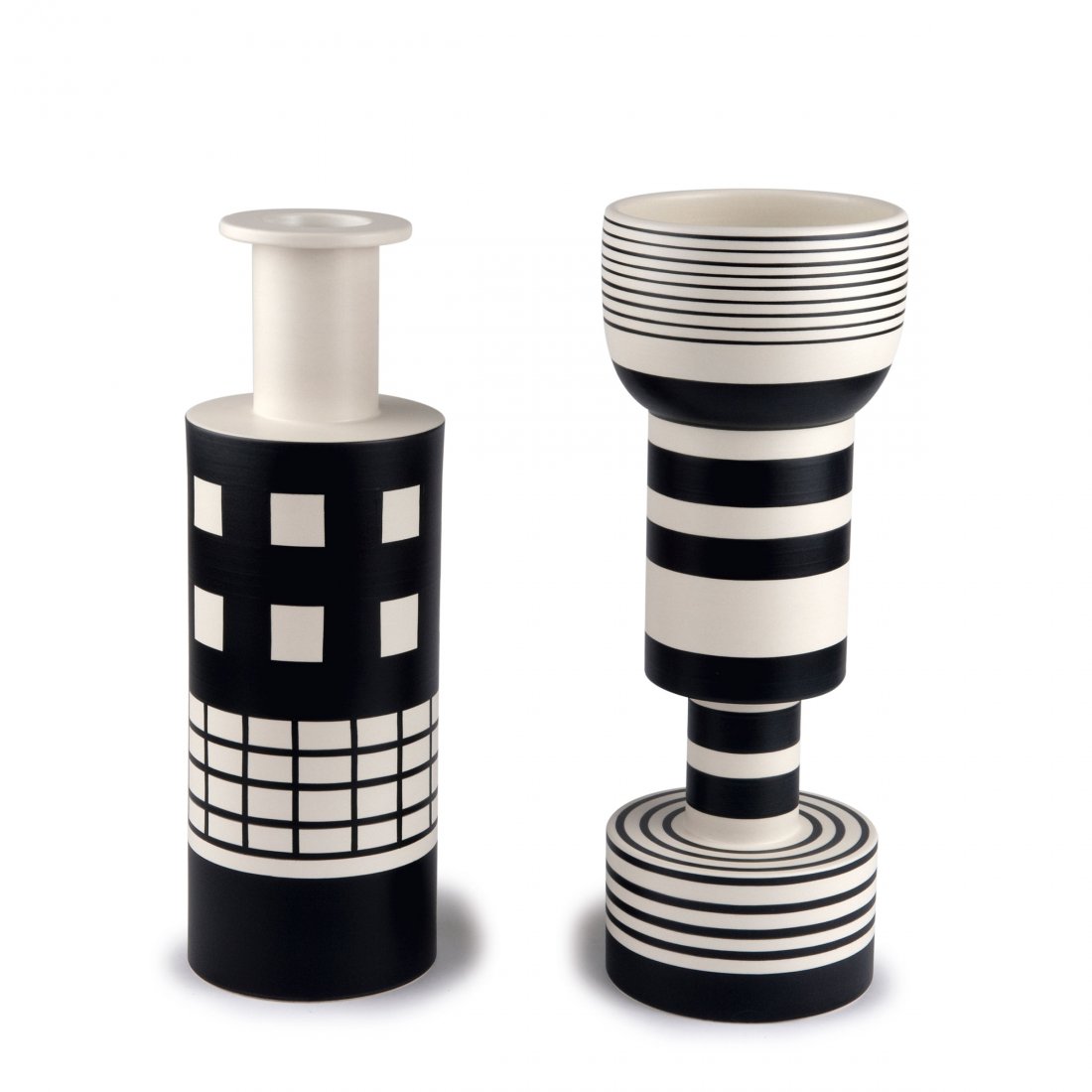 Pair of 'Alzata Grande' and 'Rocchetto' vases, 1986: Ettore Sottsass. Two vases, 'Alzata Grande' and 'Rocchetto', 1986. H. 45-46.3 cm. Made by Flavia SRL for Bitossi, Montelupo, c1986. Earthenware, glazed white and black. Marked: E. SOTTSASS BITOSSI MON