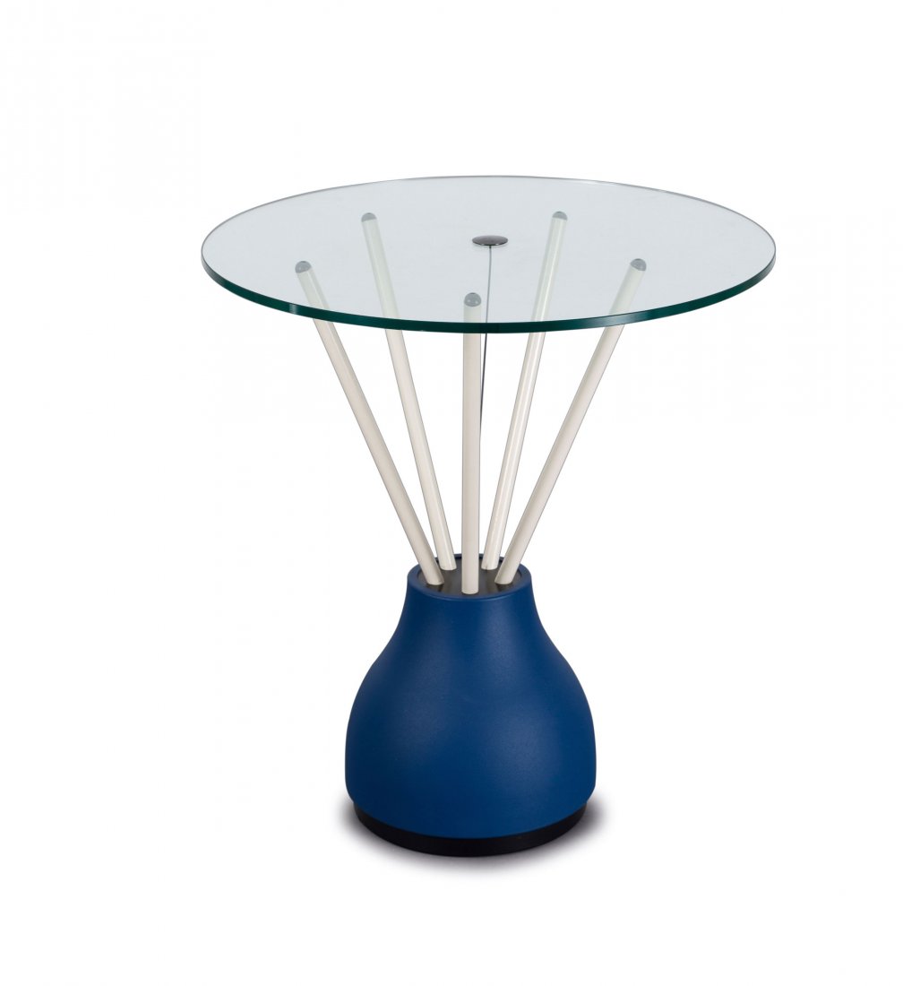 'Nido' side table, 1991: Giovanni Levanti. 'Nido' side table, 1991. H. 60 cm, D. 55 cm. Made by Cassina, Milan. Glass top, steel cable on white metal rods, base of blue polyurethane. Marked: Maker's decal.