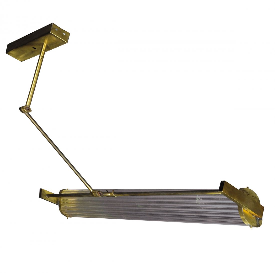 Work light for wall fastening, 1960s: Italy. Work light for wall- /ceiling fixture, 1960s. H. 99 x 128.5 x 16 cm. Brass tubes, clear moulded glass.