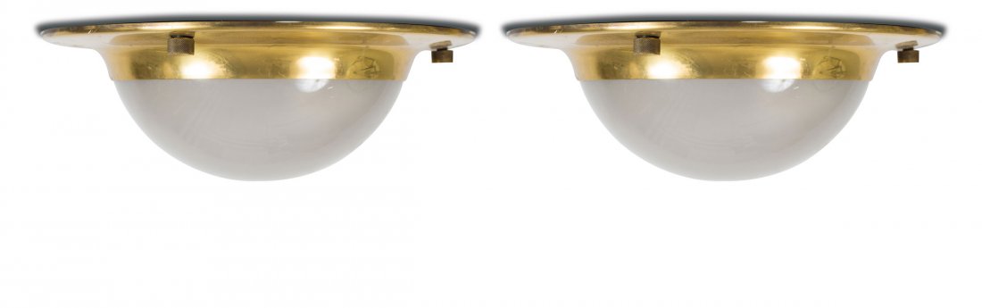 Five 'LSP-6' sconces/ceiling lights, 1965: Luigi Caccia Dominioni. Five 'LSP-6' sconces, 1965. H. 12 cm, D. 35.5 cm. Made by Azucena, Milan. Sheet brass, matted glass.