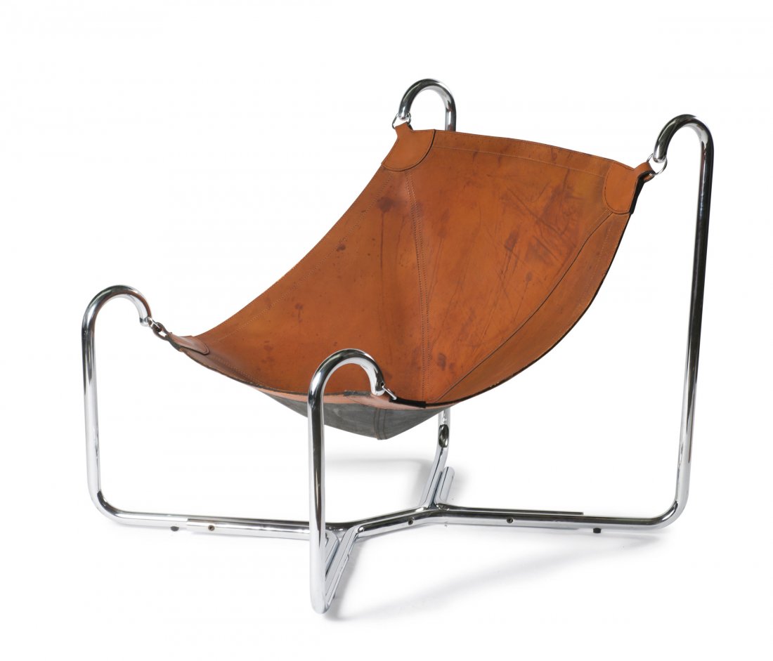 'Baffo' chair, 1969: DAM; Gianni Pareschi; Ezio Didone. 'Baffo' chair, 1969. H. 90 x 83 x 101 cm. Made by Busnelli, Milan. Chrome-palted tubular steel, leather. Marked: Maker's mark.