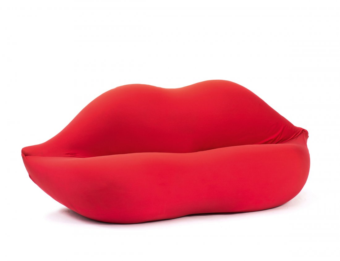 'Bocca - Marilyn' sofa, c1972: Studio 65. 'Bocca - Marilyn' couch, 1972. H. 83.5 x 209 x 80 cm. Made by Gufram, Balangero. Wooden construction, polyurethane foam, red fabric.