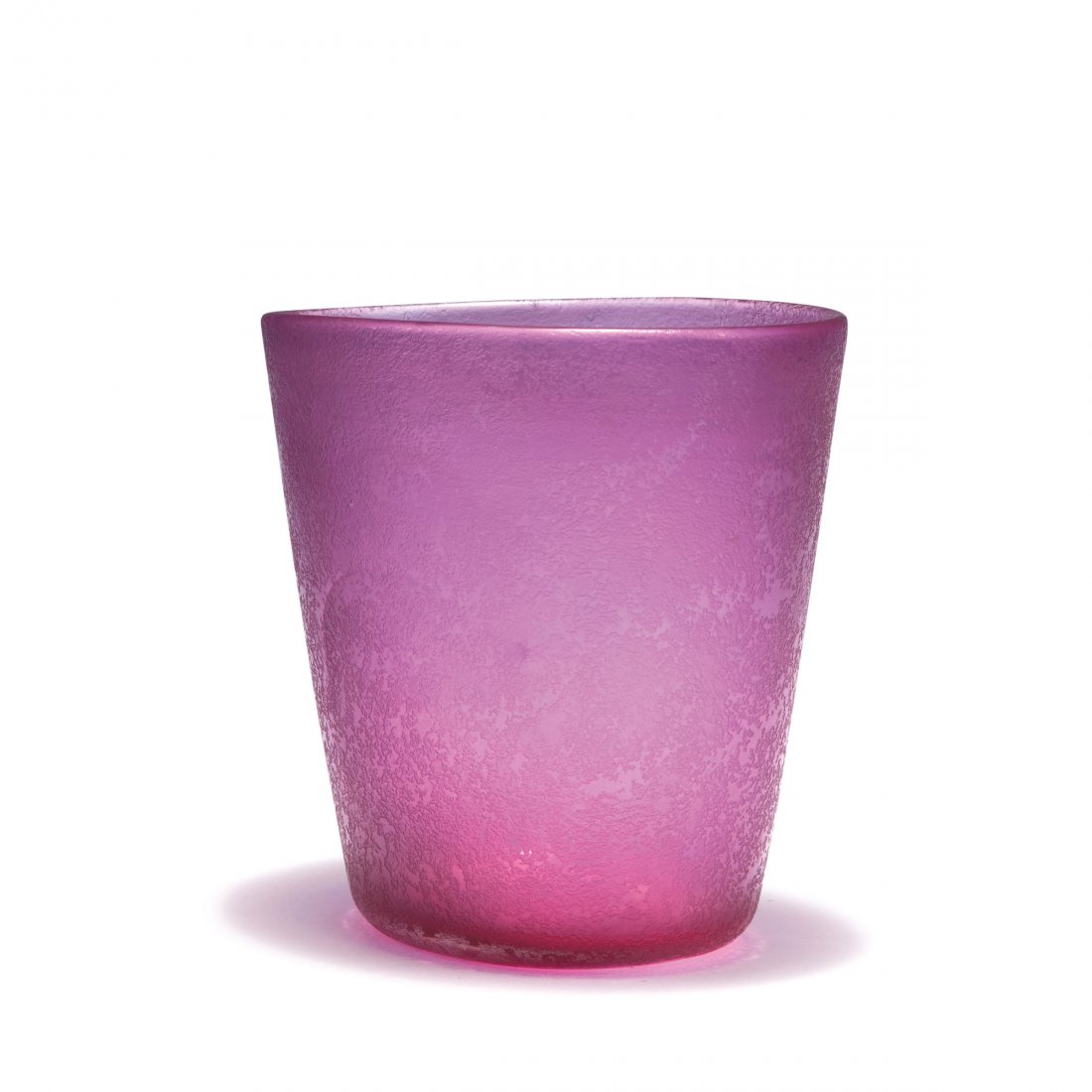 'Corroso' vase, 1936-38: Carlo Scarpa. 'Corroso' vase, c1936. H. 16.6 cm. Made by Venini & C. Cased glass, clear and pink. Surface acid etched and slightly iridescent. Marked: venini murano MADE IN ITALY (acid stamp).