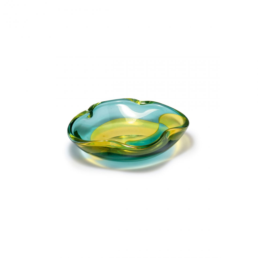 'Intarsio' bowl, c1962: Ercole Barovier. 'Intarsio' bowl, c1962. H. 7 cm, 24.5 x 22 cm. Made by Barovier & Toso. Clear glass, yellow and sky blue fusions.