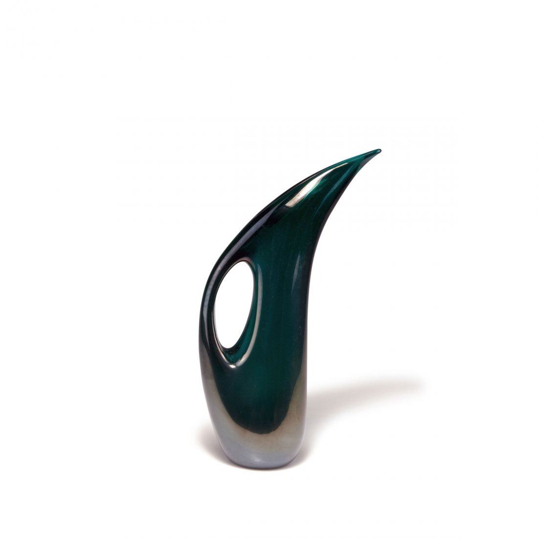 'Anse volante' vase, c1952: Giorgio Ferro. Anse volante' vase, c1952. H. 34.2 cm. Made by A.Ve.M. Glass, clear and green, iridescent.