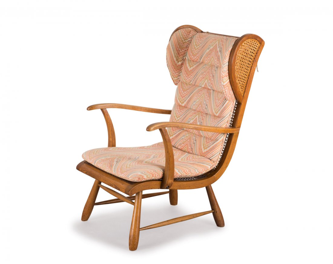 Armchair, 1930/40s: Josef Frank (attributed). High-backed chair, 1930/40s. H. 103 x 61 x 80 cm. Made by Haus & Garten, Vienna (attributed). Oak, meshwork, uphostery with polychromatic fabric cover.