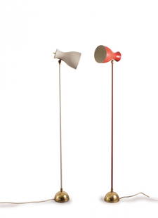 Two '57/416' floor lights, 1950: Dieter Schulz. Two '57/416' floor lights, 1950. H. 107-108.5 cm. Cast metal, tubular metal, sheet metal, painted red respectively white, brass. Marked: DIETER SCHULZ 57/416.