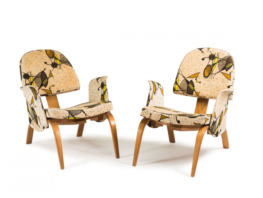 Pair of easy chairs, c1955: Hugues Steiner. Pair of easy chairs, c1955. H. 75.5 x 63 x 73.5 cm. Made by Steiner Meubles, Paris. Bent birch plywood, polychromatic fabric.