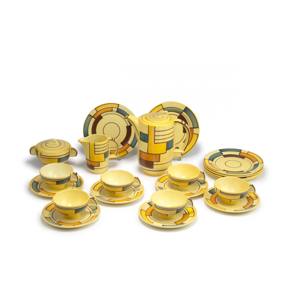 Coffee set, c1928: Eva Zeisel-Stricker. Coffee set, c1928. 15 pieces. Coffeepot, creamer: H. 11.5-21 cm; sugar bowl: H. 9.8 cm; 6 cups and saucers: H. 5.7 cm; cake plate: D. 19.6 cm. Made by Schramberg Majolikafabrik. E