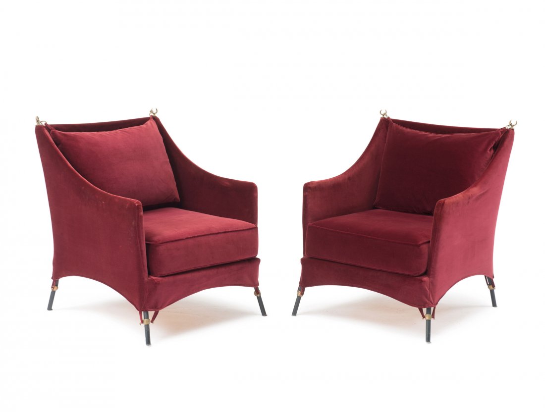 Pair of 'Jour et Nuit' easy chairs, 1991: Elisabeth Garouste; Mattia Bonetti. Pair of 'Jour et Nuit' lounge chairs, 1991. Made by BGH, Paris. Brass, tubular metal, painted black, bordeaux red fabric.