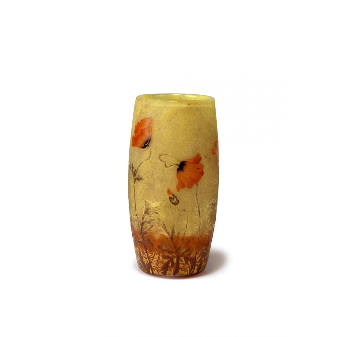 'Coquelicot' vase, c1900: Daum Freres, Nancy. 'Coquelicot' vase, c1900. H. 12.4 cm. Cased glass, clear, lemon yellow and rust brown powder inclusions, rough ground. Grass pattern, gilded and enamelled. Poppy at sunset. Gold hu