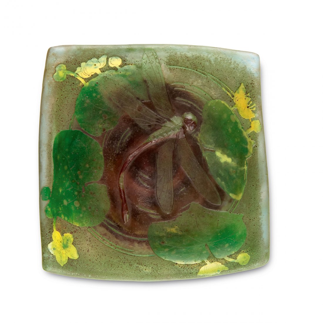 'Libellules et renoncule' vide poches, c1904: Daum Freres, Nancy. 'Libellule et renoncule' vide poches, c1904. D. 19.4 cm. Designed by Henri Berge and Ernest Schneider. Cased glass, clear, deep purple powder inclusions, enamel fusions (vitrificat